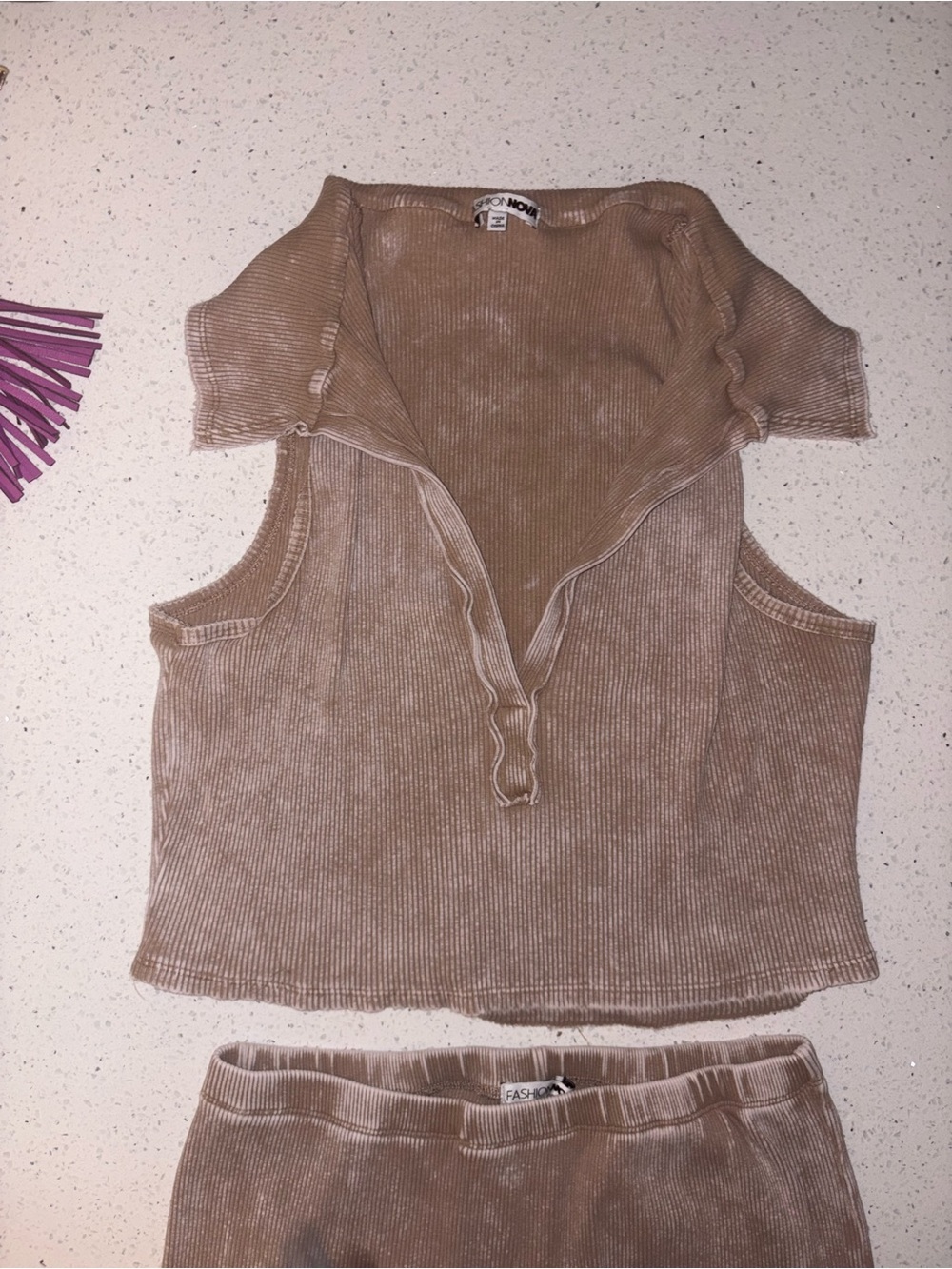 Fashion Nova Taupe Washed Ribbed V-Neck Crop Top